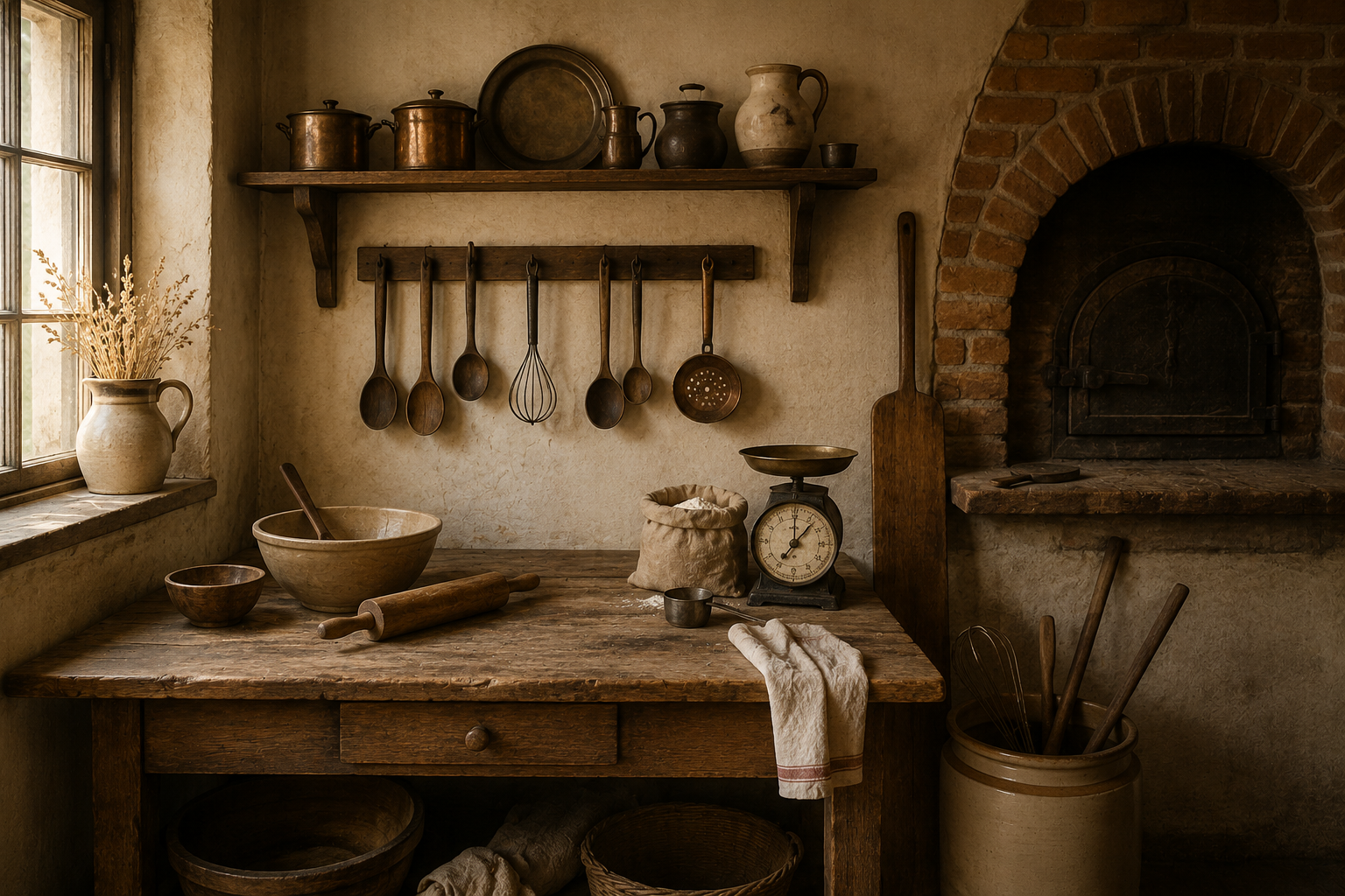 A cozy, rustic kitchen featuring baked goods.
